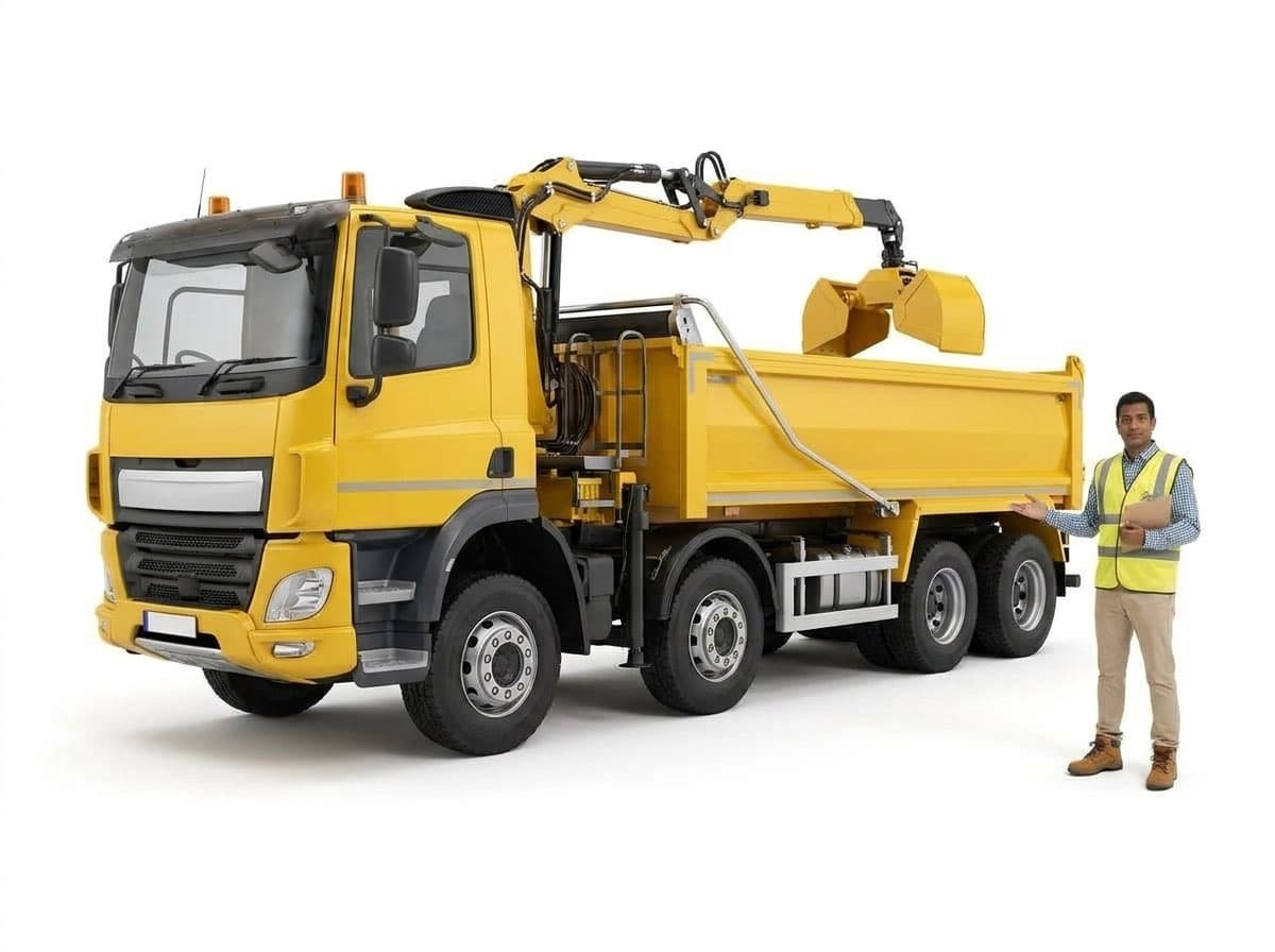 Yellow eight-wheel grab lorry with its grab arm raised and a hi-vis tradesperson beside it