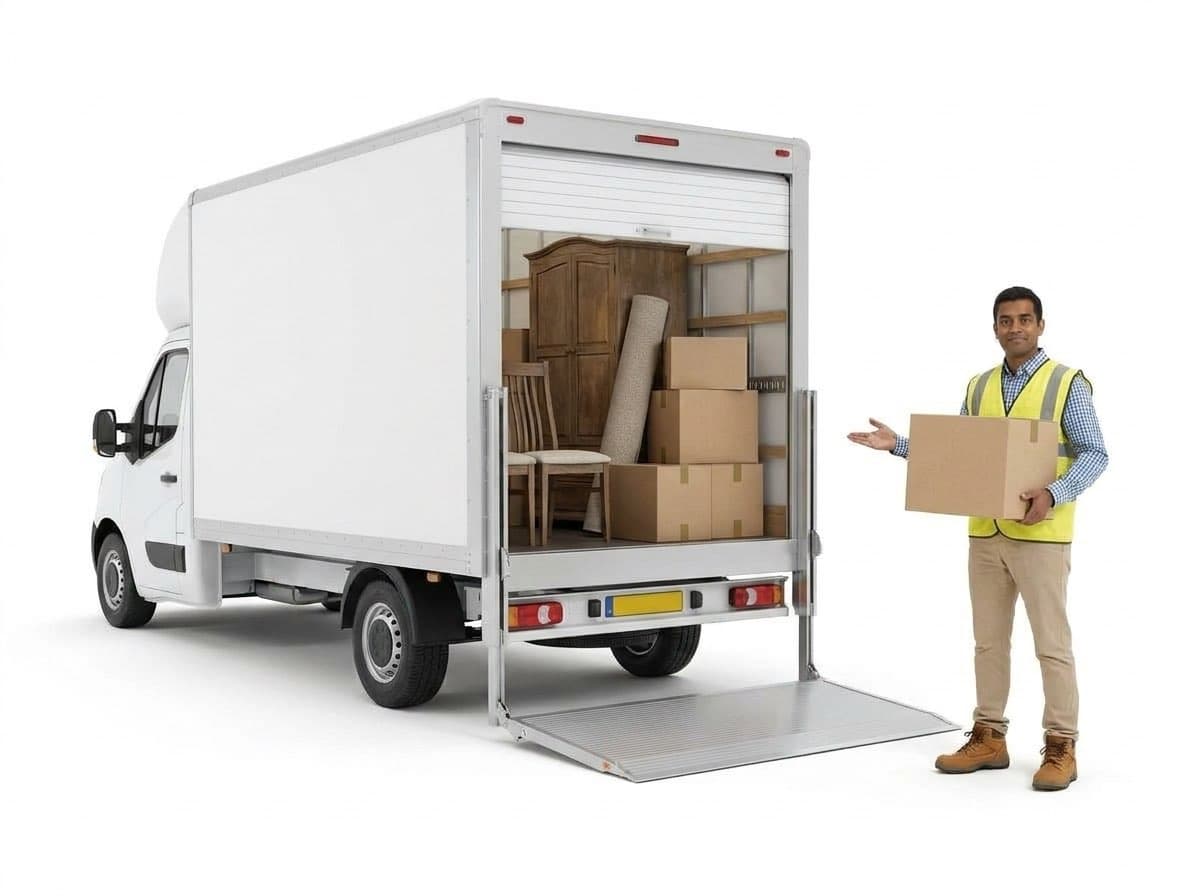 White Luton van with its tail-lift down, loaded with a wardrobe, a rug and boxes, beside a hi-vis tradesperson carrying a box