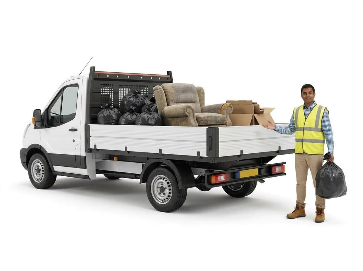 White tipper van loaded with rubbish bags and an old armchair, with a hi-vis tradesperson holding a bag