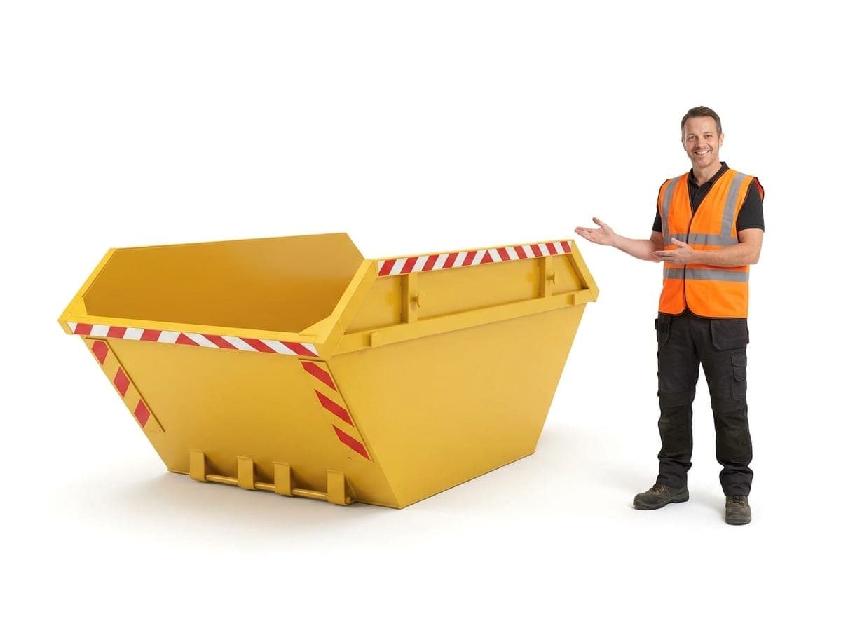 Yellow builder's skip with a hi-vis tradesperson beside it for scale