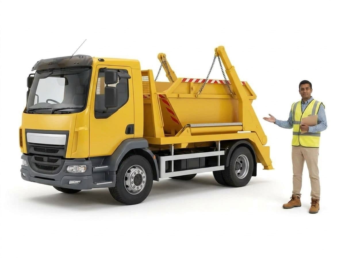 Yellow skip loader lorry carrying a builder's skip with a hi-vis tradesperson beside it