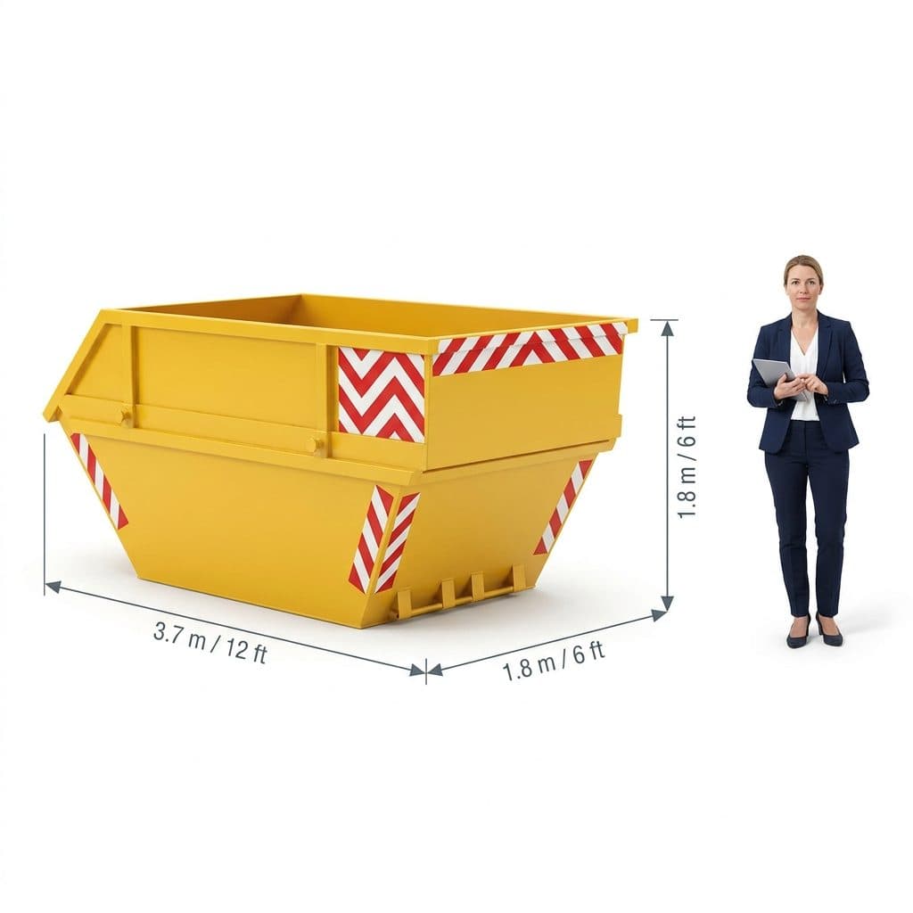 12 Yard Maxi Skip (12 yd³) shown next to a person for scale
