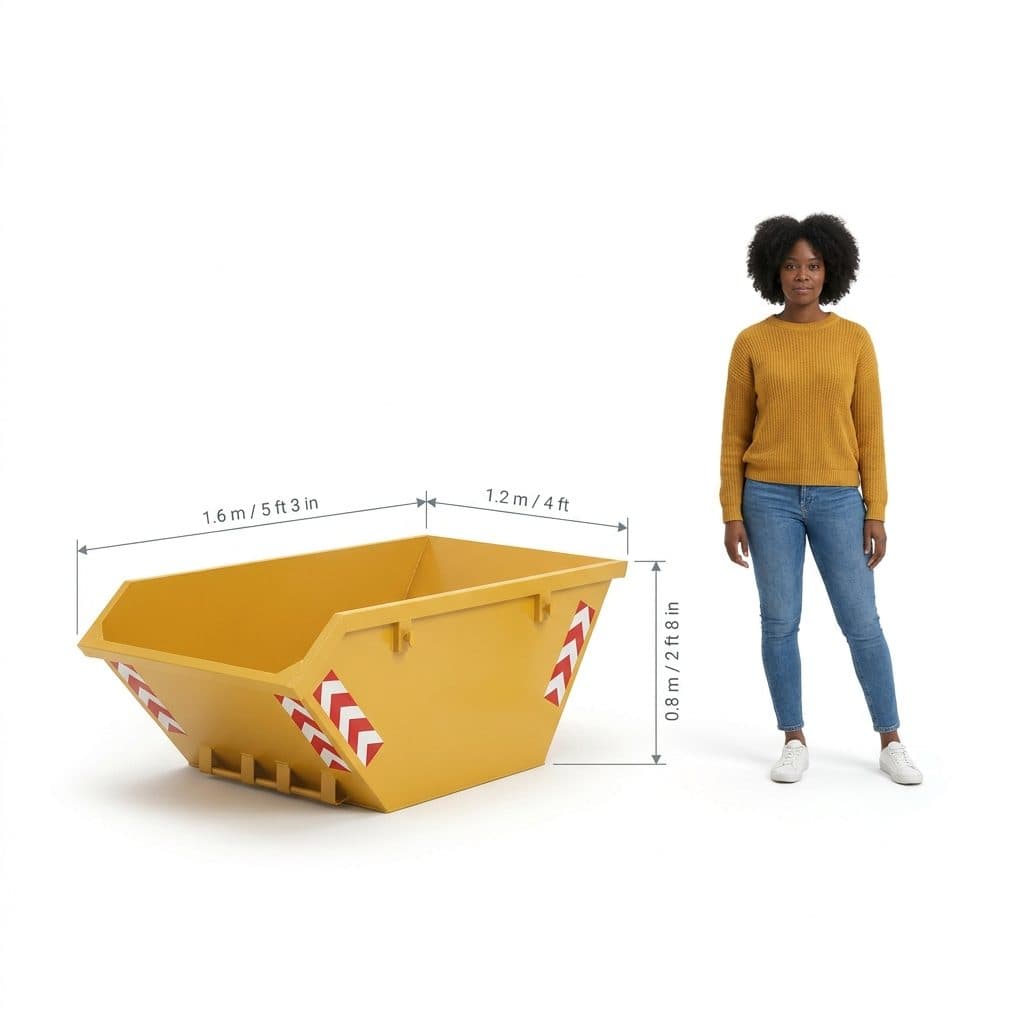3 Yard Mini Skip (3 yd³) shown next to a person for scale