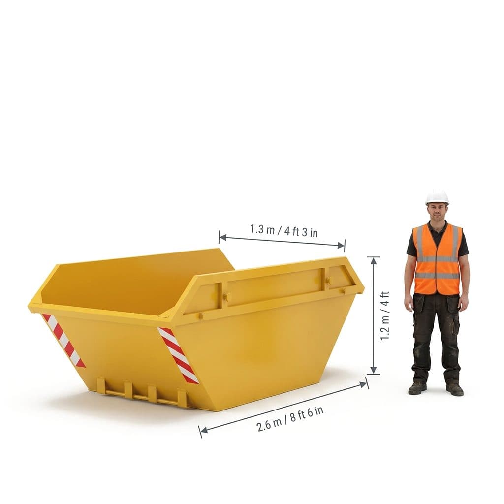 6 Yard Builder's Skip (6 yd³) shown next to a person for scale