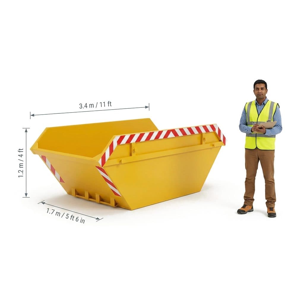 8 Yard Large Skip (8 yd³) shown next to a person for scale