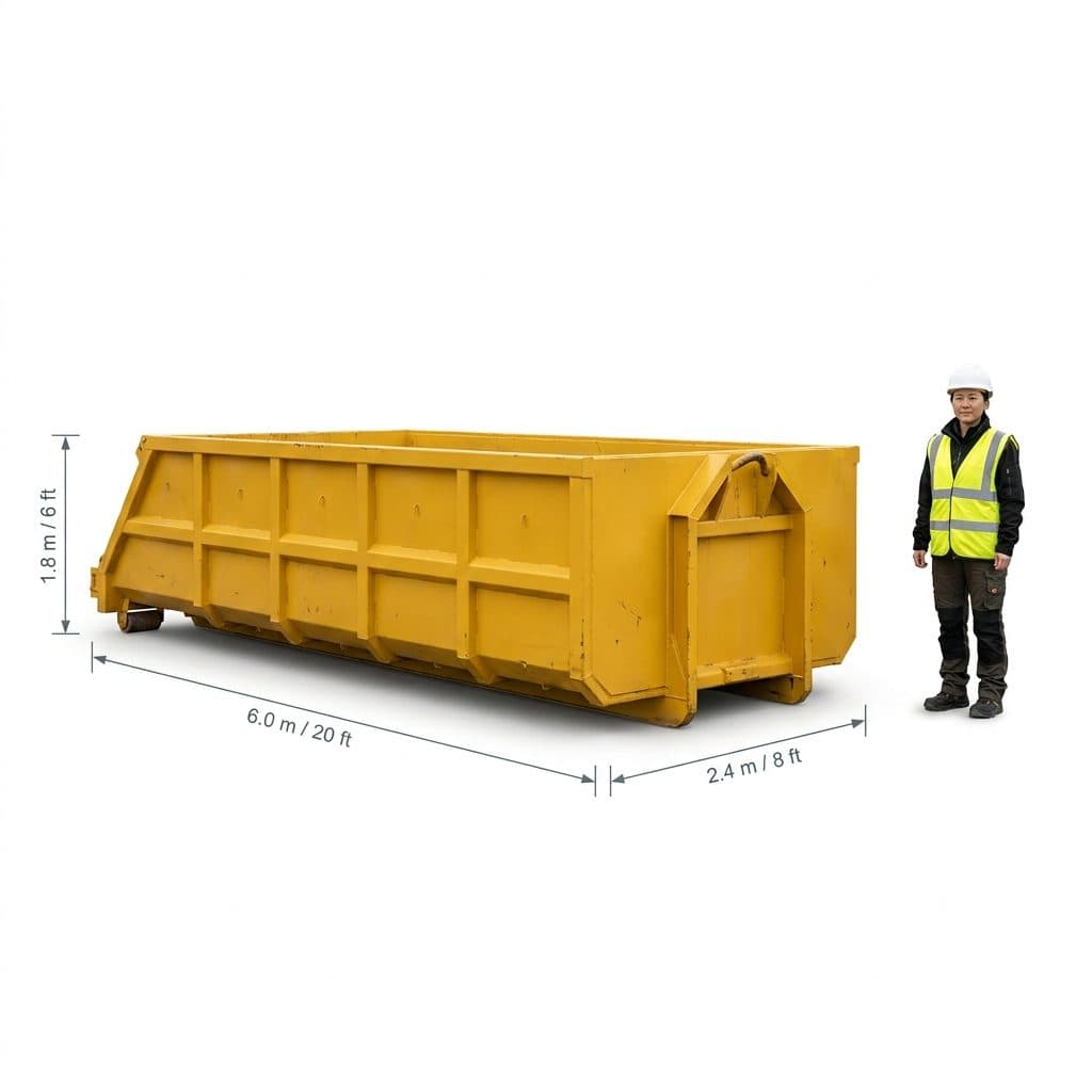 Roll-on Roll-off & Commercial (20–40 yd³) shown next to a person for scale